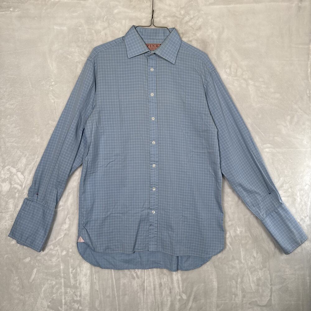 Thomas PINK Shirt Mens 16 -41 cm Blue Plaid Button Down Dress French Cuff READ